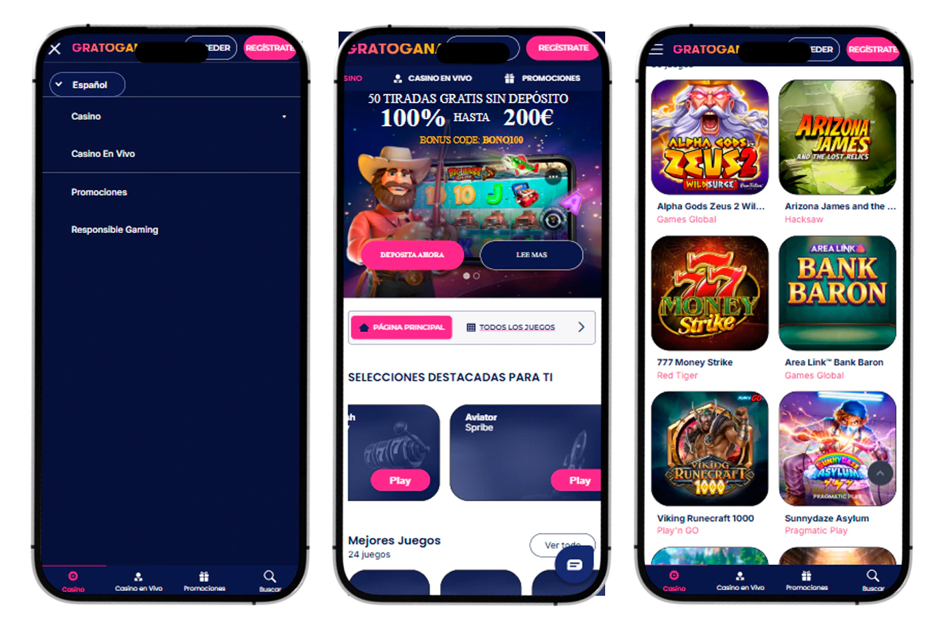 Versión móvil de GratoGana Casino adaptada para teléfonos y tablets